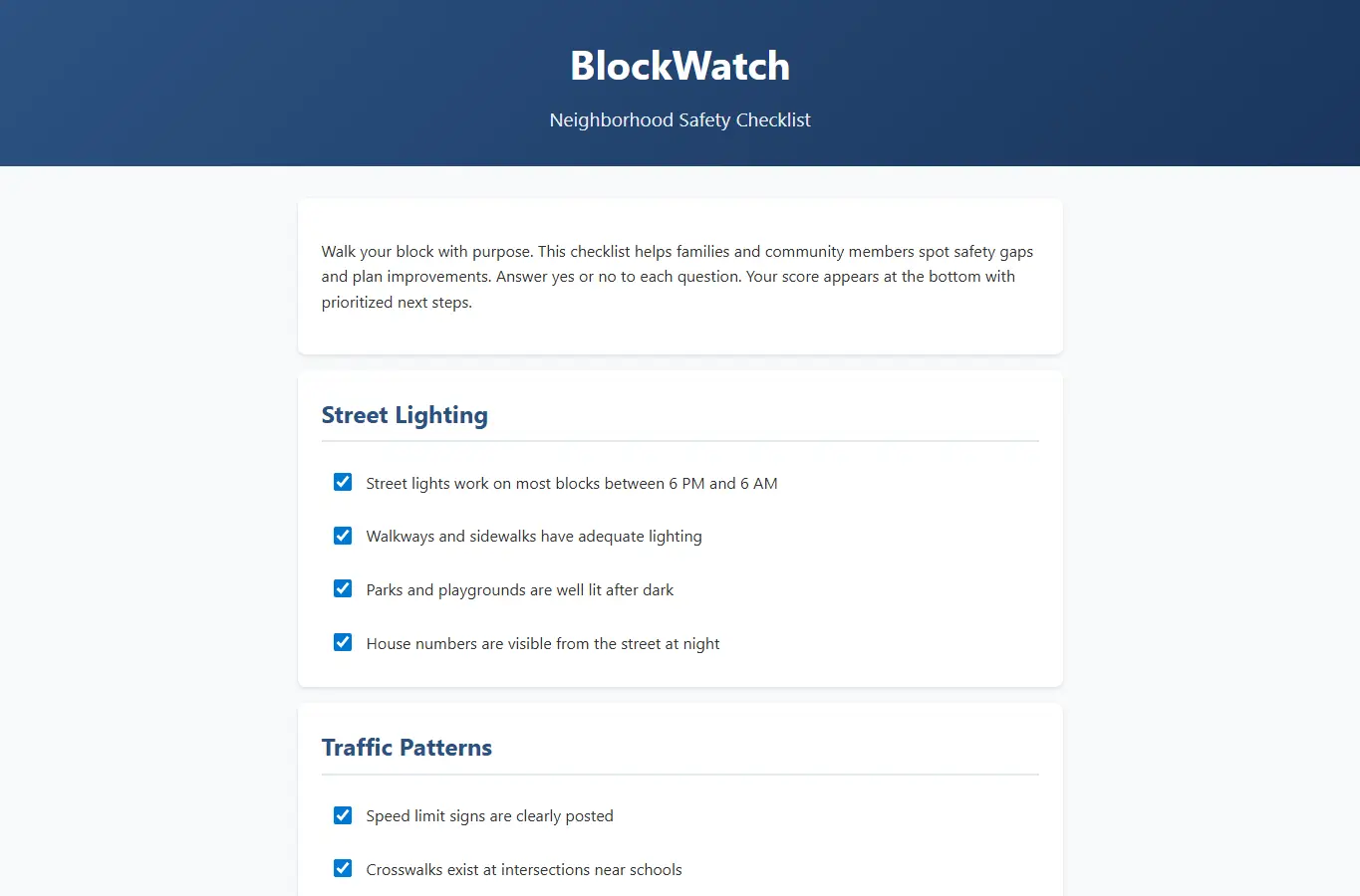 Screenshot of BlockWatch: Neighborhood Safety Checklist interface showing the project page in use